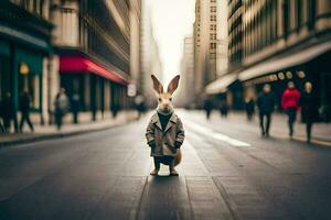 un Conejo en un Saco en pie en un calle. generado por ai foto