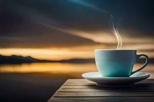 a cup of coffee on a wooden table with a sunset in the background. AI-Generated photo