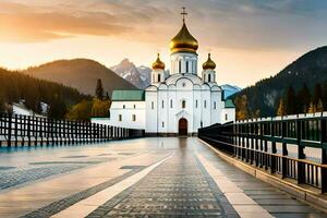 el ruso Iglesia en el montañas. generado por ai foto