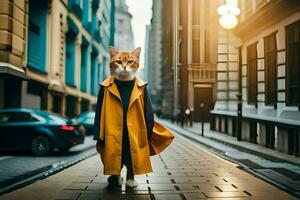 a cat in a yellow coat walking down a street. AI-Generated photo