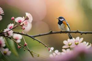 a bird sits on a branch with pink flowers. AI-Generated photo