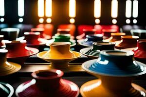 colorful vases are lined up in a row. AI-Generated photo