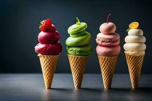 five different ice cream cones with different flavors. AI-Generated photo