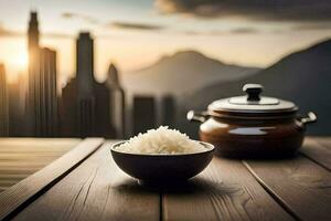 rice in bowl and cityscape. AI-Generated photo