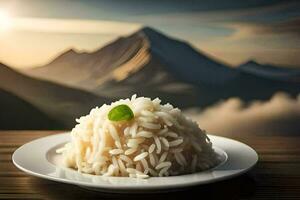 a plate of rice with a mountain in the background. AI-Generated photo