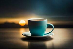 a cup of tea on a table with the sun setting behind it. AI-Generated photo