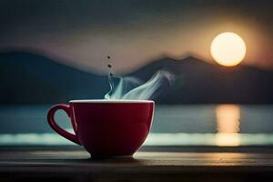 a cup of coffee on a table with the sun setting behind it. AI-Generated photo