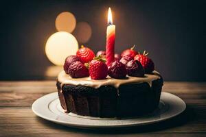 a birthday cake with a single candle on top. AI-Generated photo