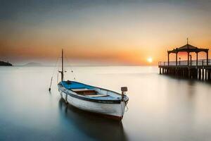 a boat sits on the water at sunset. AI-Generated photo