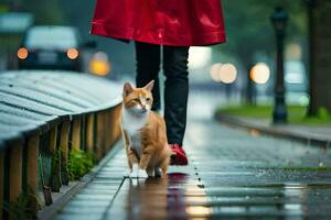 a cat walking on a wet sidewalk. AI-Generated photo