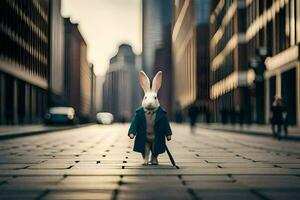 a rabbit in a coat standing on a street. AI-Generated photo