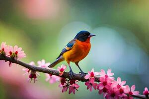 a colorful bird sits on a branch with pink flowers. AI-Generated photo