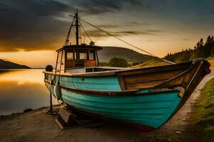 a boat sits on the shore at sunset. AI-Generated photo