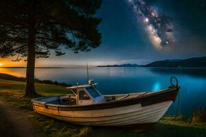 a boat sits on the shore at night with the milky in the background. AI-Generated photo