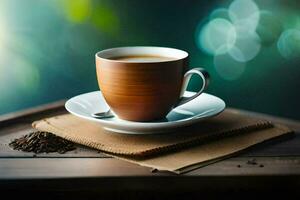 a cup of coffee on a wooden table. AI-Generated photo