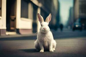 a white rabbit sitting on the street in a city. AI-Generated photo