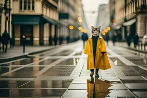 a cat wearing a yellow coat walking down a street. AI-Generated photo