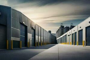 un largo fila de industrial edificios con amarillo puertas generado por ai foto