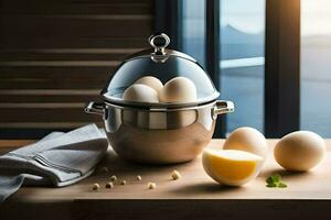 huevos en un maceta en un mesa. generado por ai foto