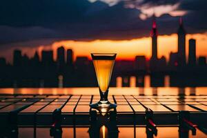 a glass of beer on a table in front of a city skyline. AI-Generated photo