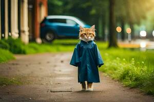 a cat in a raincoat walking down a path. AI-Generated photo