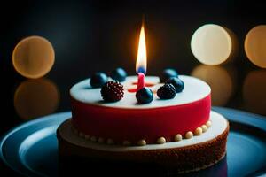 a birthday cake with a lit candle. AI-Generated photo