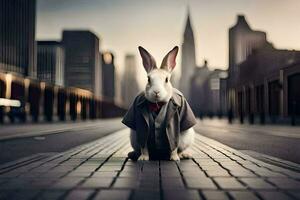a rabbit wearing a suit and tie sits on a street. AI-Generated photo
