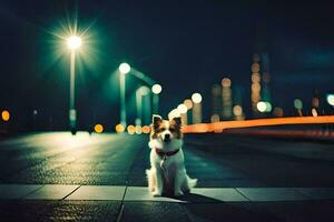 a dog sitting on the sidewalk at night. AI-Generated photo