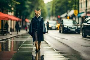 a cat walking down a wet street in the rain. AI-Generated photo