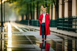 a fox wearing a red coat walking down a street. AI-Generated photo