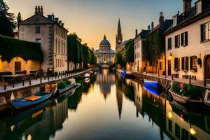 a canal in the middle of a city with boats. AI-Generated photo