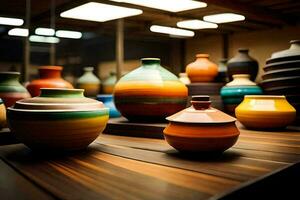 a collection of colorful vases on a wooden table. AI-Generated photo