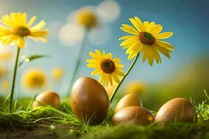 Pascua de Resurrección huevos en el césped. generado por ai foto