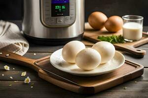 eggs on a plate next to an instant pot. AI-Generated photo