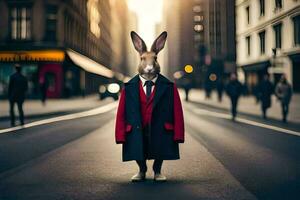 un Conejo vestido en un traje y Corbata en pie en un ciudad calle. generado por ai foto