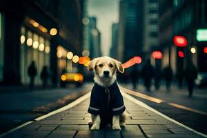 a dog wearing a jacket sits on the street. AI-Generated photo