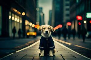 un perro vistiendo un chaqueta se sienta en el calle. generado por ai foto