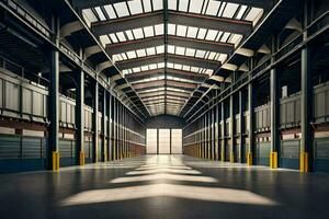 an empty warehouse with a large open door. AI-Generated photo