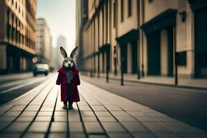 a rabbit in a red coat standing on a street. AI-Generated photo