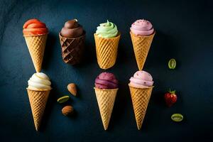 different flavors of ice cream in cones on a dark background. AI-Generated photo