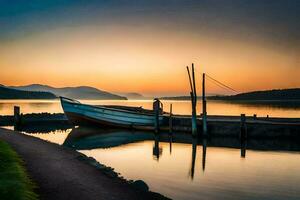 a boat sits on the dock at sunset. AI-Generated photo