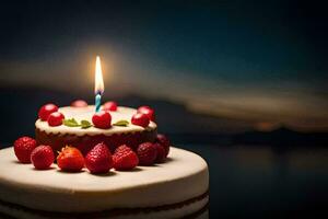 a birthday cake with a single candle. AI-Generated photo