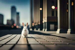 a white rabbit is standing on a street in front of a city. AI-Generated photo