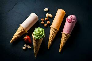 ice cream cones with different flavors on a black background. AI-Generated photo