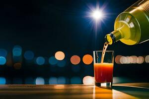 un botella de naranja jugo siendo vertido dentro un vaso. generado por ai foto