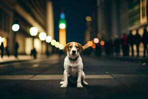 a dog sitting on the street at night. AI-Generated photo