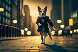 un perro vestido en un traje y Corbata caminando abajo un calle. generado por ai foto