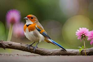 a small bird is sitting on a branch with flowers. AI-Generated photo