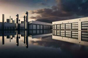 un fábrica edificio con un cielo y nubes reflejado en el agua. generado por ai foto