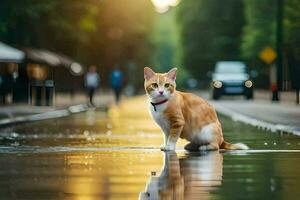 a cat is standing on a wet street. AI-Generated photo